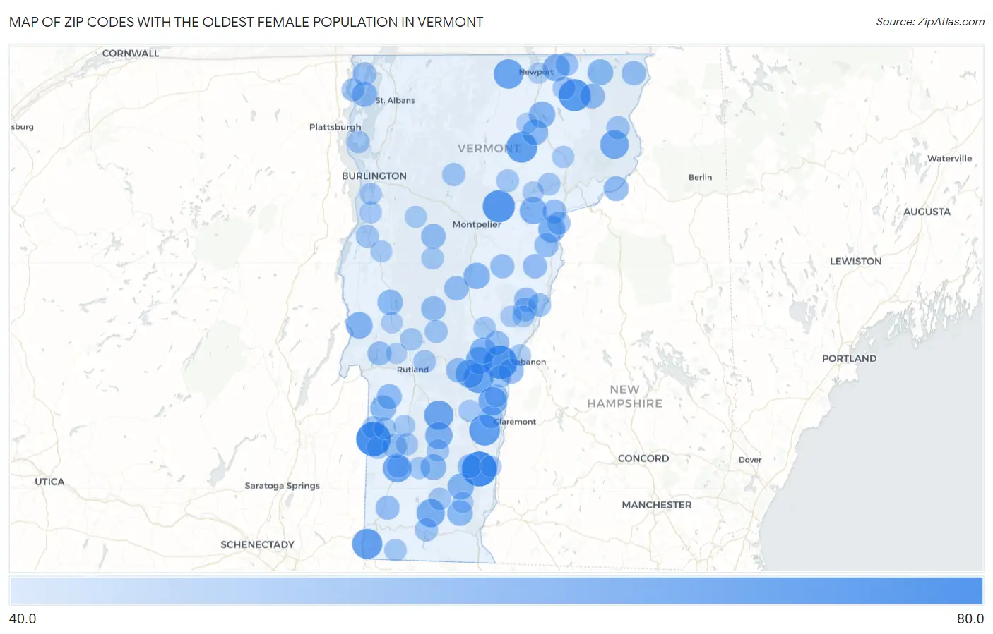 Zip Codes with the Oldest Female Population in Vermont Map