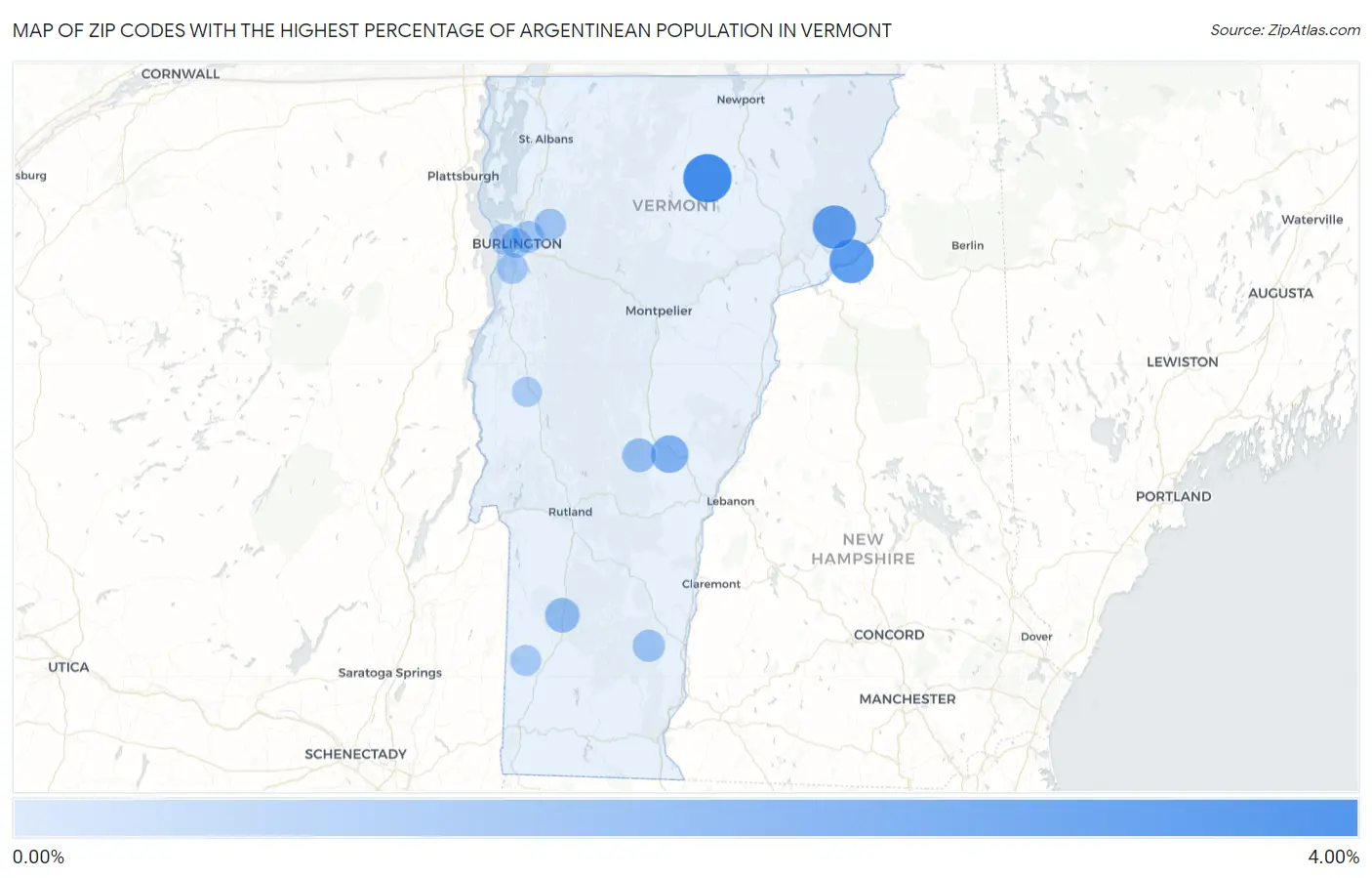 Zip Codes with the Highest Percentage of Argentinean Population in Vermont Map