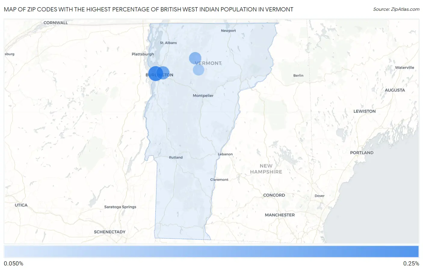 Zip Codes with the Highest Percentage of British West Indian Population in Vermont Map