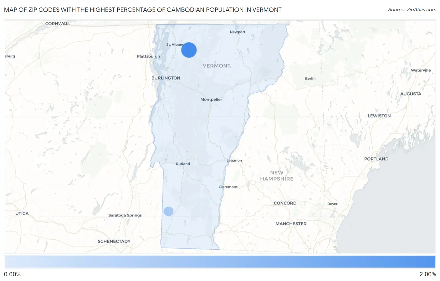 Zip Codes with the Highest Percentage of Cambodian Population in Vermont Map