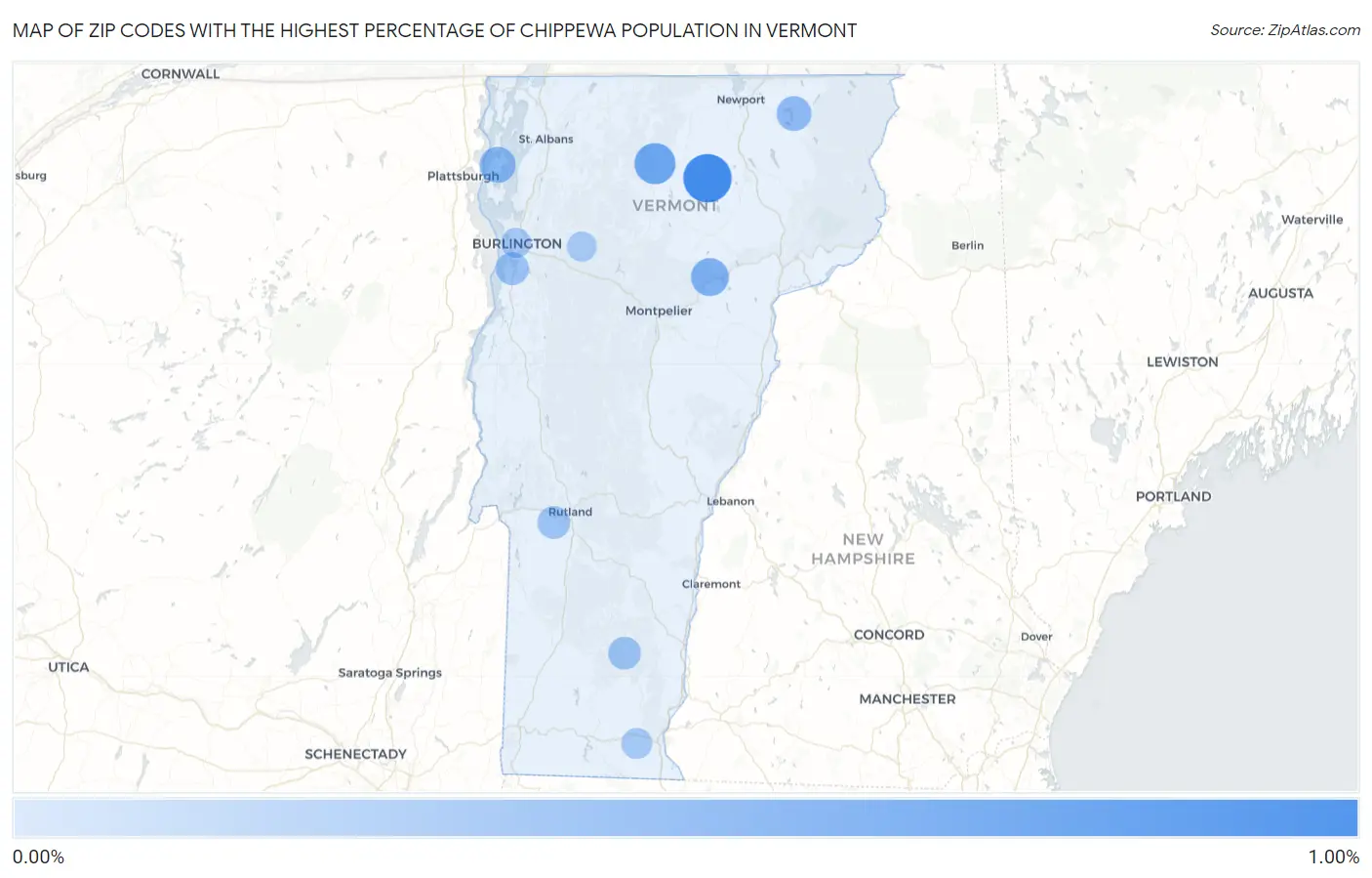 Zip Codes with the Highest Percentage of Chippewa Population in Vermont Map