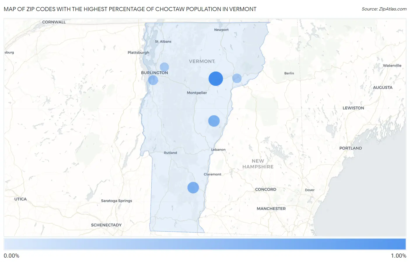 Zip Codes with the Highest Percentage of Choctaw Population in Vermont Map