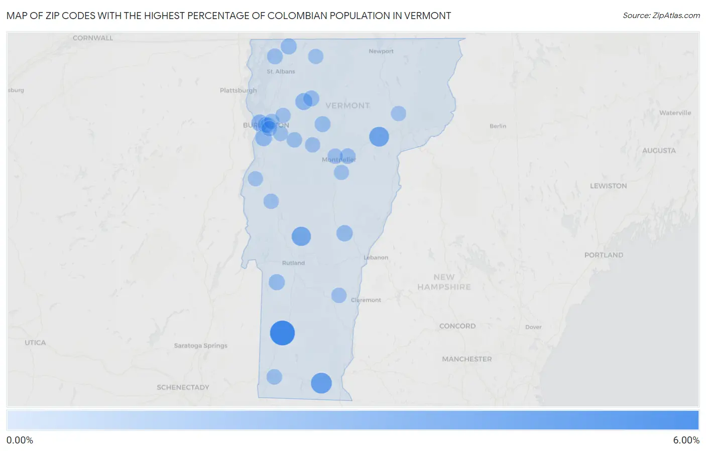 Zip Codes with the Highest Percentage of Colombian Population in Vermont Map