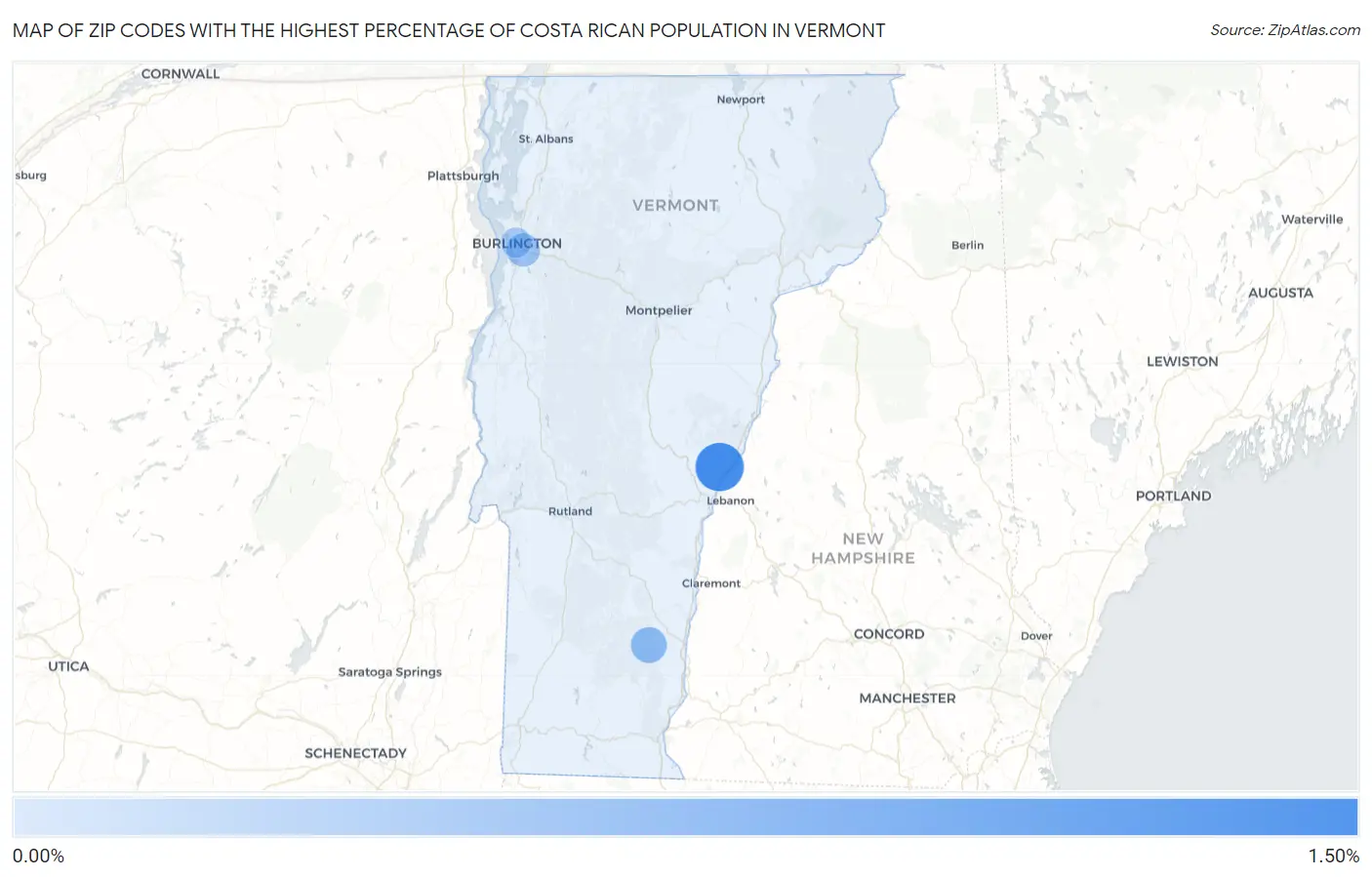 Zip Codes with the Highest Percentage of Costa Rican Population in Vermont Map