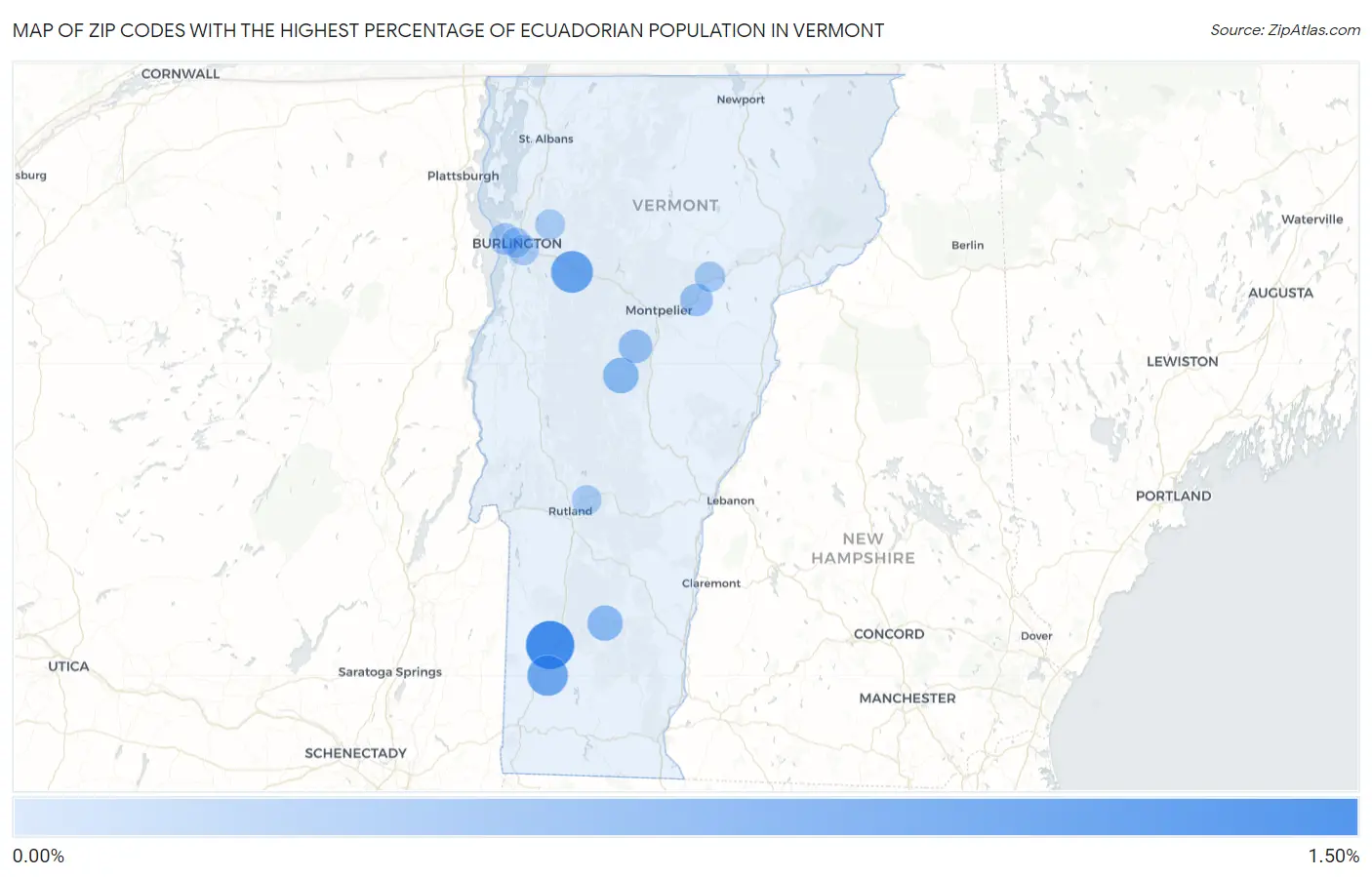 Zip Codes with the Highest Percentage of Ecuadorian Population in Vermont Map