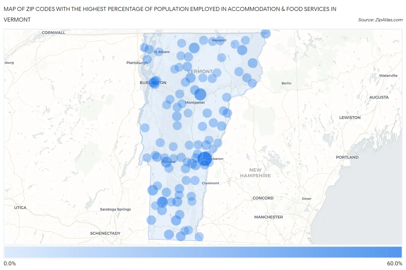 Zip Codes with the Highest Percentage of Population Employed in Accommodation & Food Services in Vermont Map