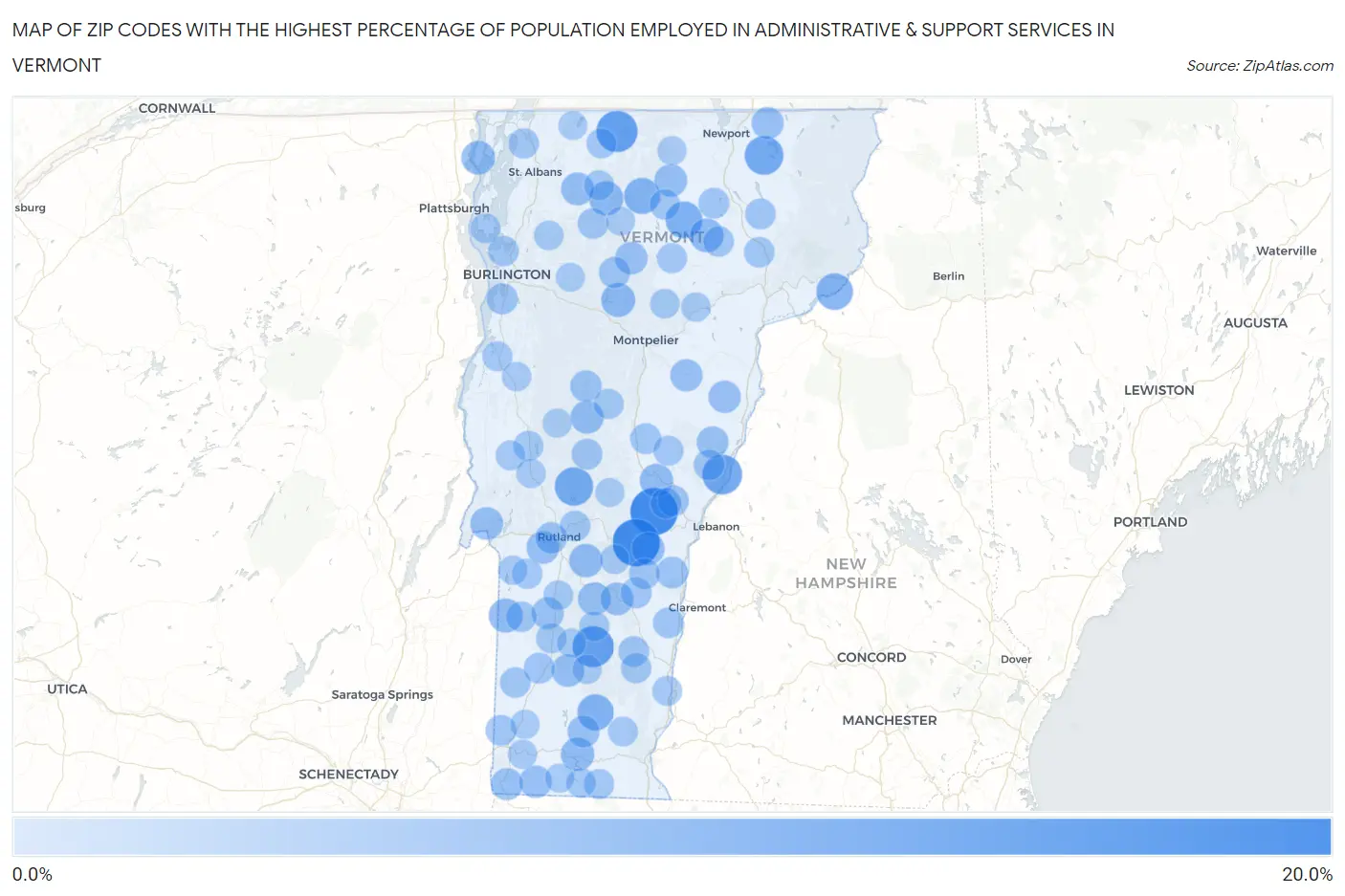 Zip Codes with the Highest Percentage of Population Employed in Administrative & Support Services in Vermont Map