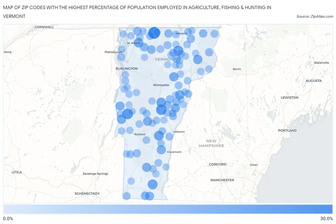Zip Codes with the Highest Percentage of Population Employed in Agriculture, Fishing & Hunting in Vermont Map