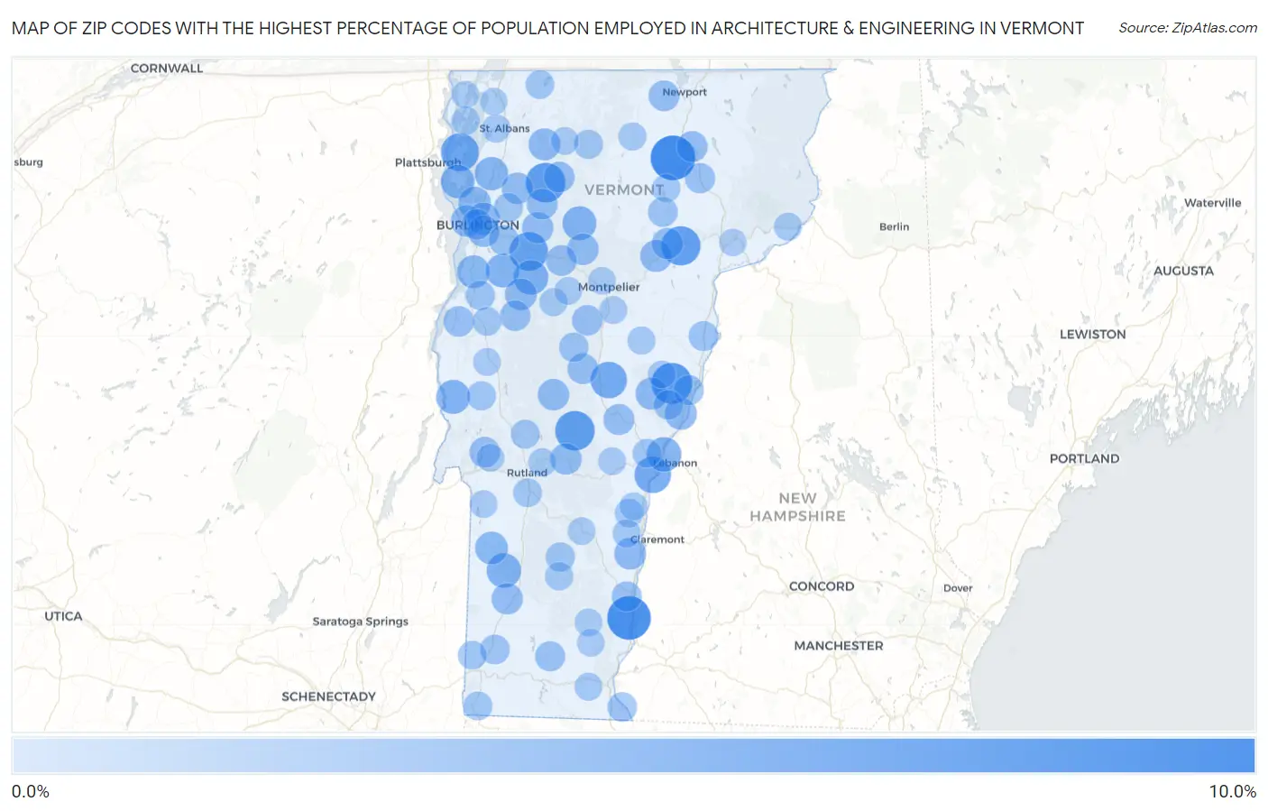 Zip Codes with the Highest Percentage of Population Employed in Architecture & Engineering in Vermont Map