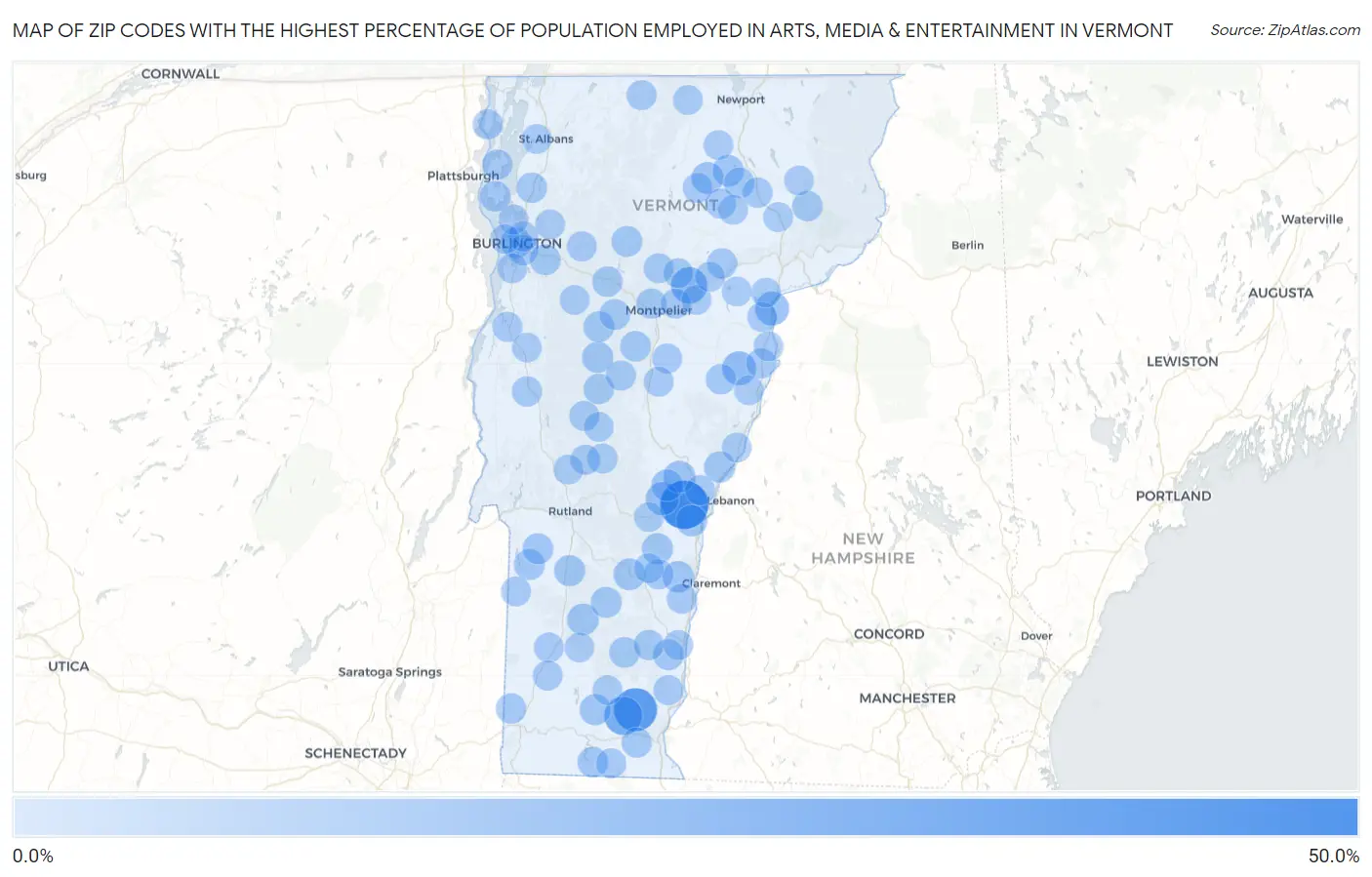 Zip Codes with the Highest Percentage of Population Employed in Arts, Media & Entertainment in Vermont Map