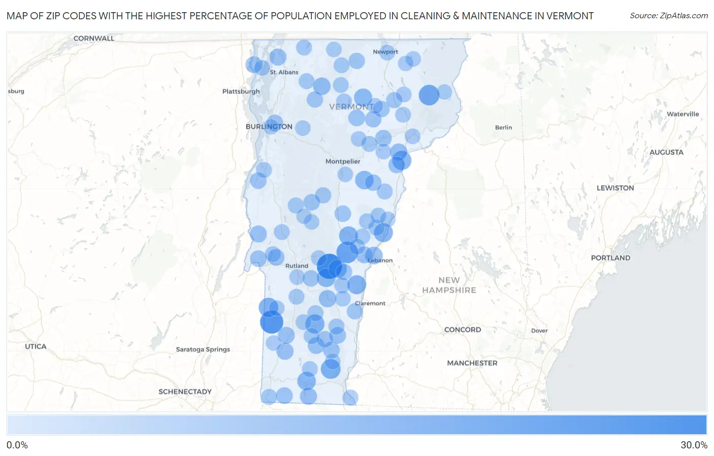 Zip Codes with the Highest Percentage of Population Employed in Cleaning & Maintenance in Vermont Map