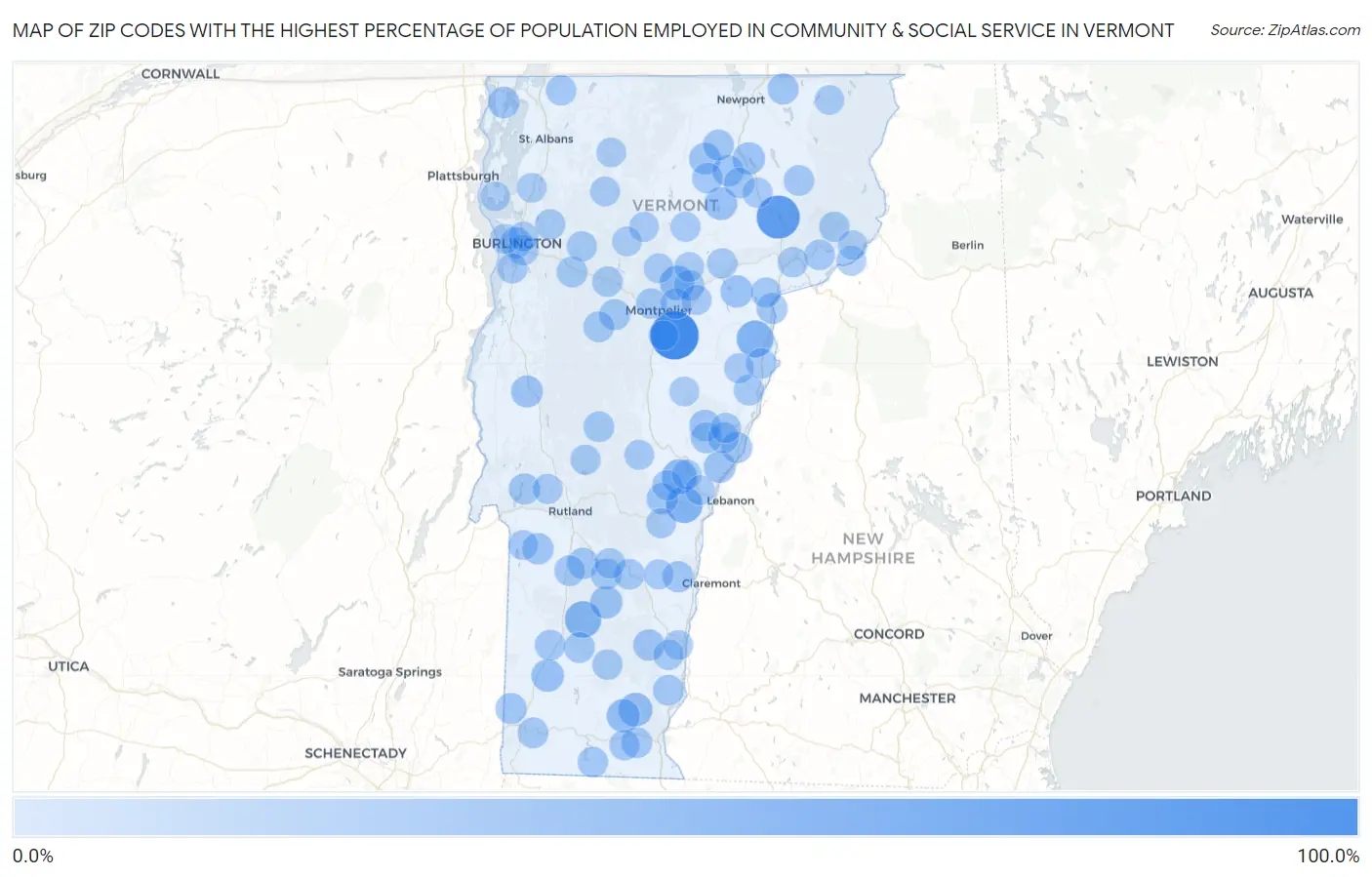 Zip Codes with the Highest Percentage of Population Employed in Community & Social Service  in Vermont Map