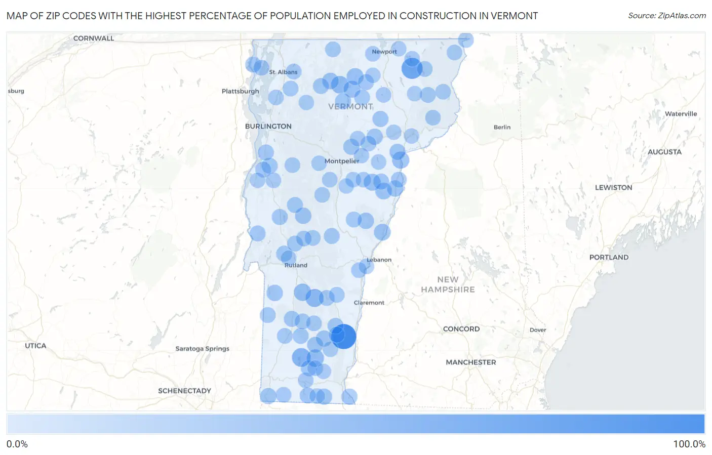 Zip Codes with the Highest Percentage of Population Employed in Construction in Vermont Map