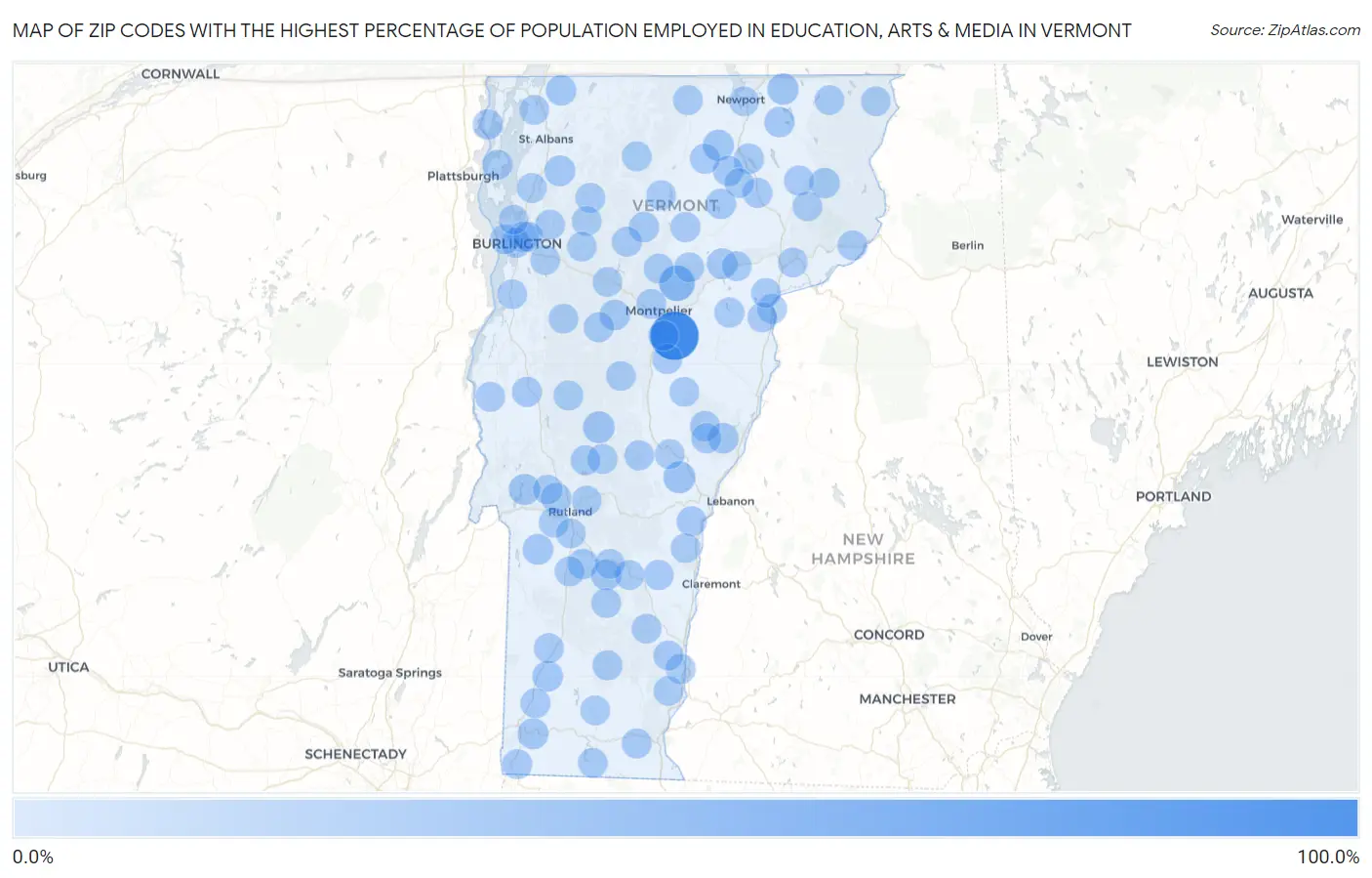 Zip Codes with the Highest Percentage of Population Employed in Education, Arts & Media in Vermont Map