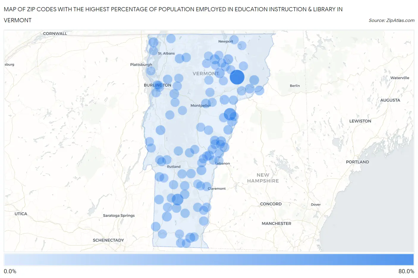 Zip Codes with the Highest Percentage of Population Employed in Education Instruction & Library in Vermont Map