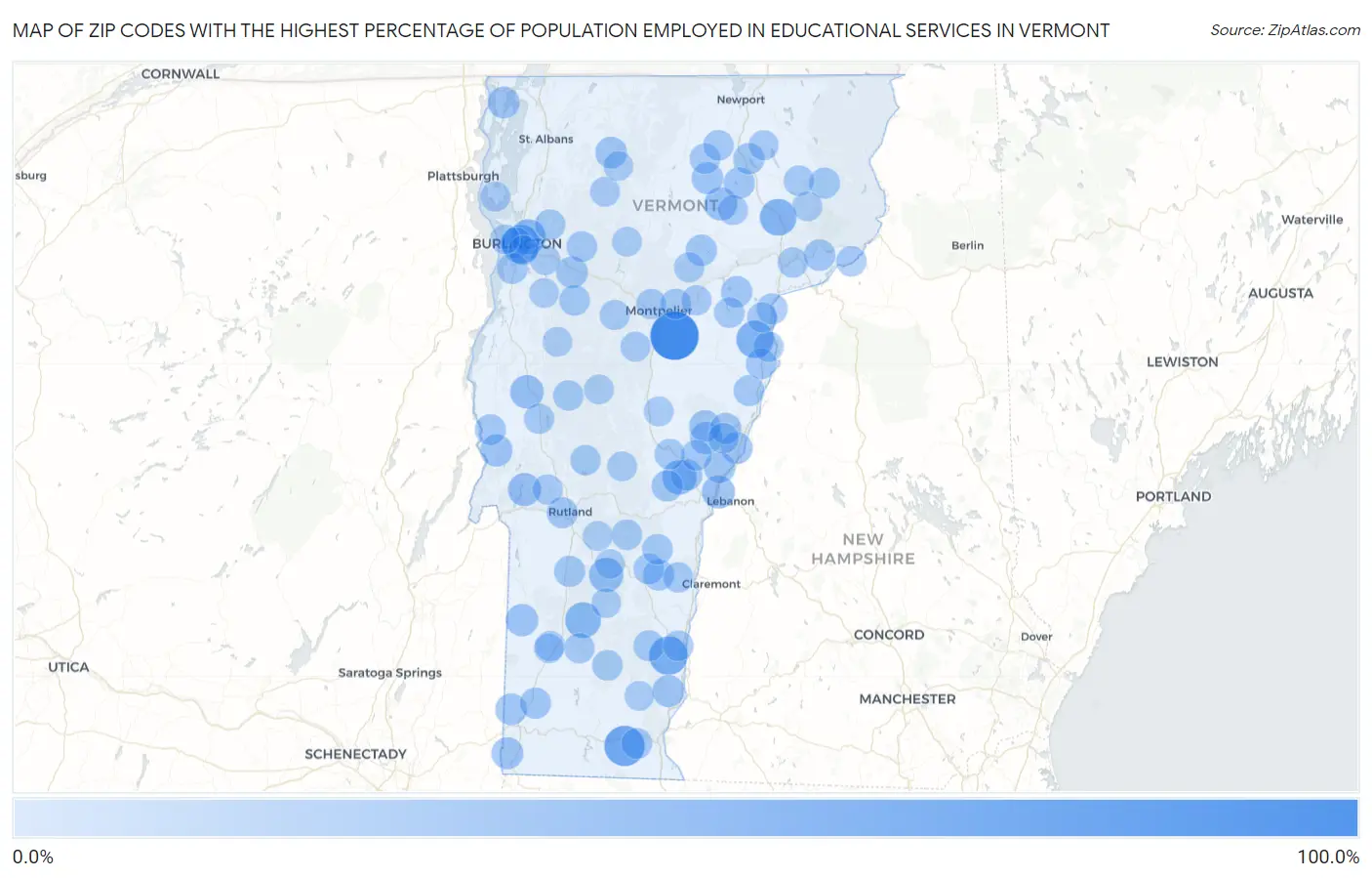 Zip Codes with the Highest Percentage of Population Employed in Educational Services in Vermont Map