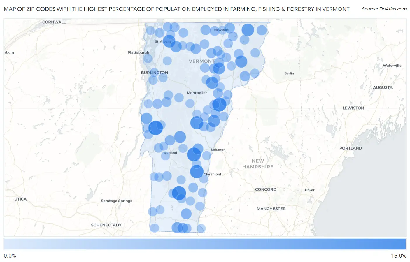 Zip Codes with the Highest Percentage of Population Employed in Farming, Fishing & Forestry in Vermont Map