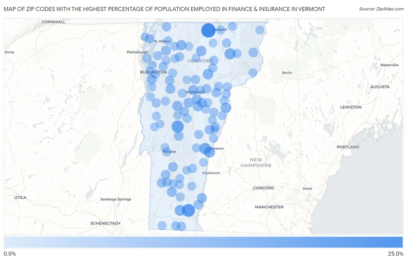 Zip Codes with the Highest Percentage of Population Employed in Finance & Insurance in Vermont Map