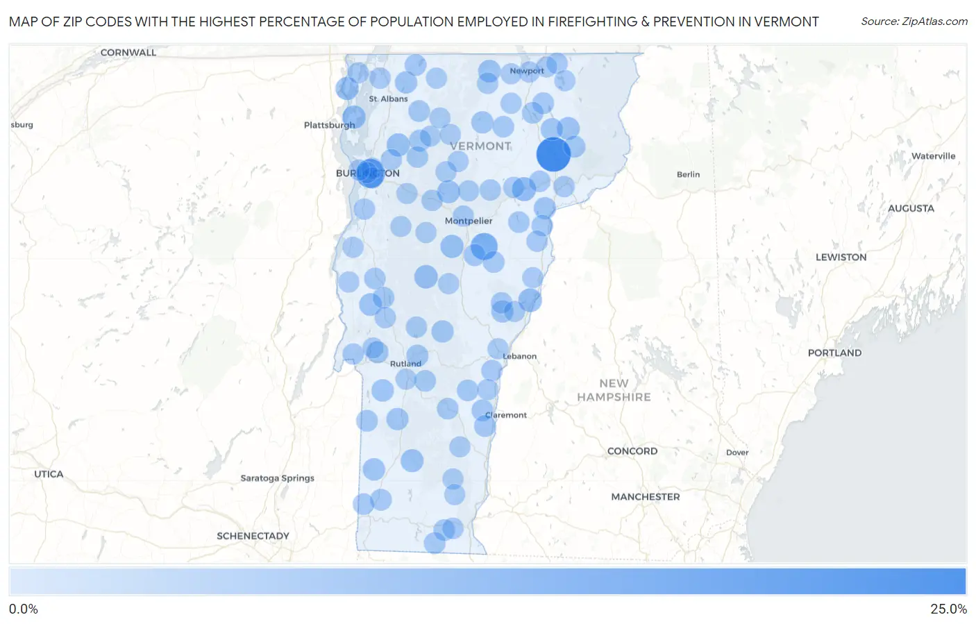 Zip Codes with the Highest Percentage of Population Employed in Firefighting & Prevention in Vermont Map