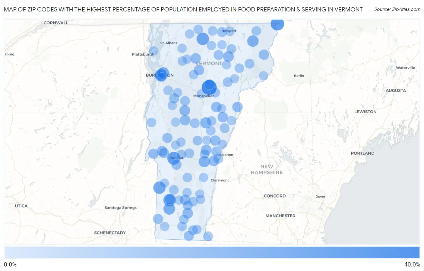 Zip Codes with the Highest Percentage of Population Employed in Food Preparation & Serving in Vermont Map