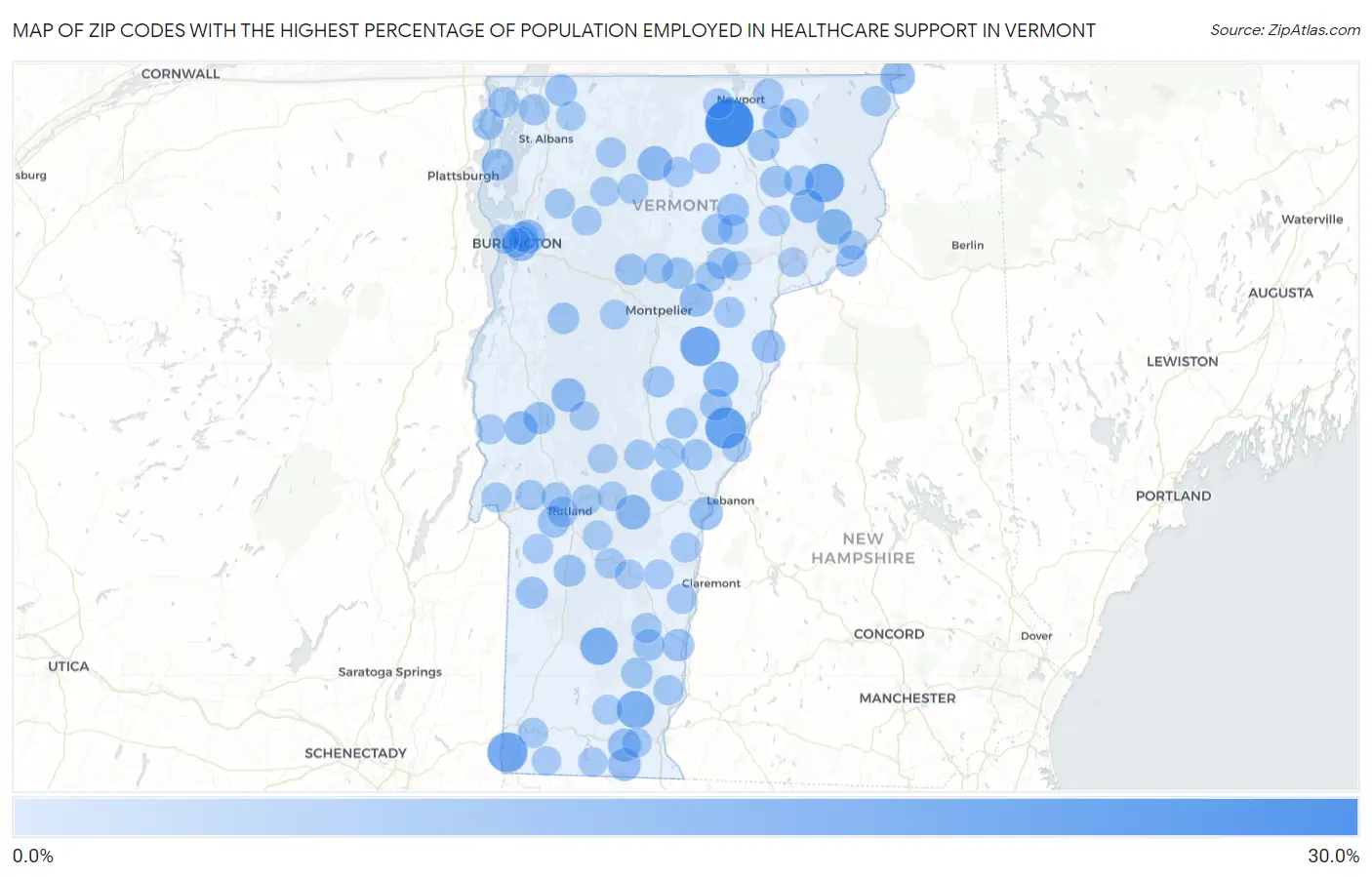 Zip Codes with the Highest Percentage of Population Employed in Healthcare Support in Vermont Map