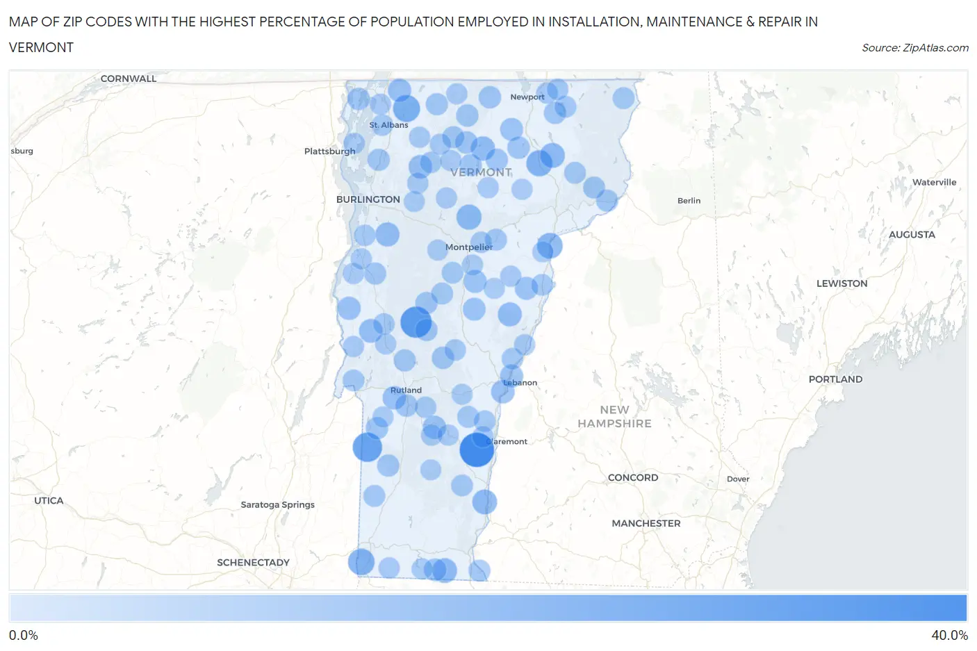 Zip Codes with the Highest Percentage of Population Employed in Installation, Maintenance & Repair in Vermont Map