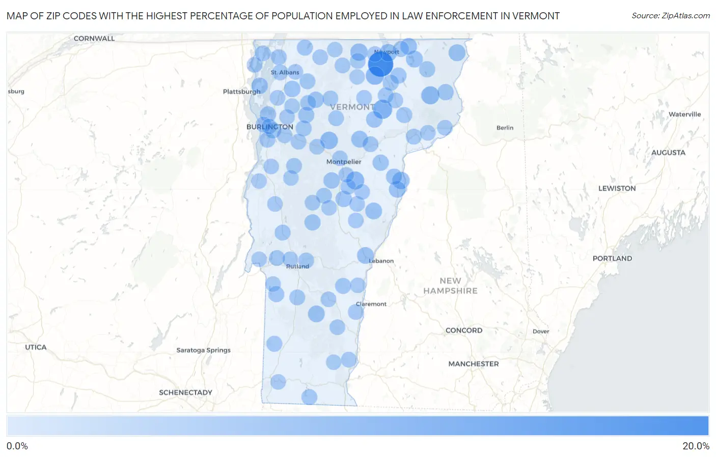 Zip Codes with the Highest Percentage of Population Employed in Law Enforcement in Vermont Map