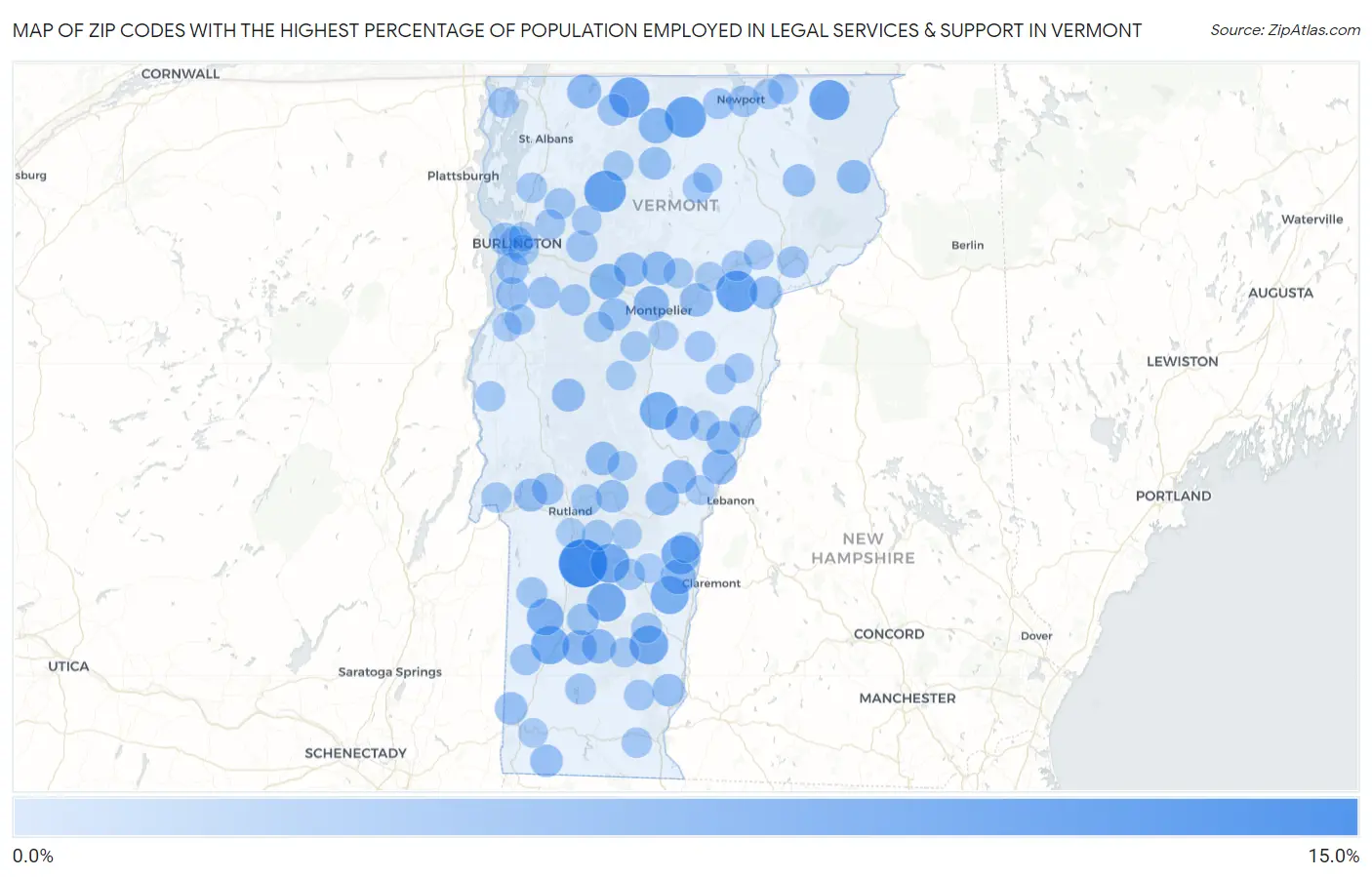 Zip Codes with the Highest Percentage of Population Employed in Legal Services & Support in Vermont Map
