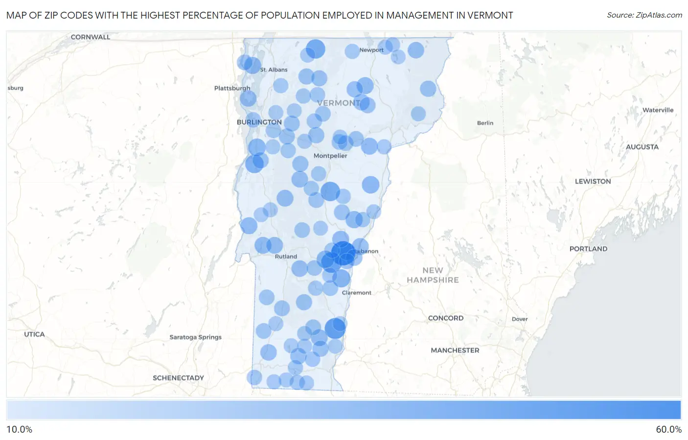 Zip Codes with the Highest Percentage of Population Employed in Management in Vermont Map