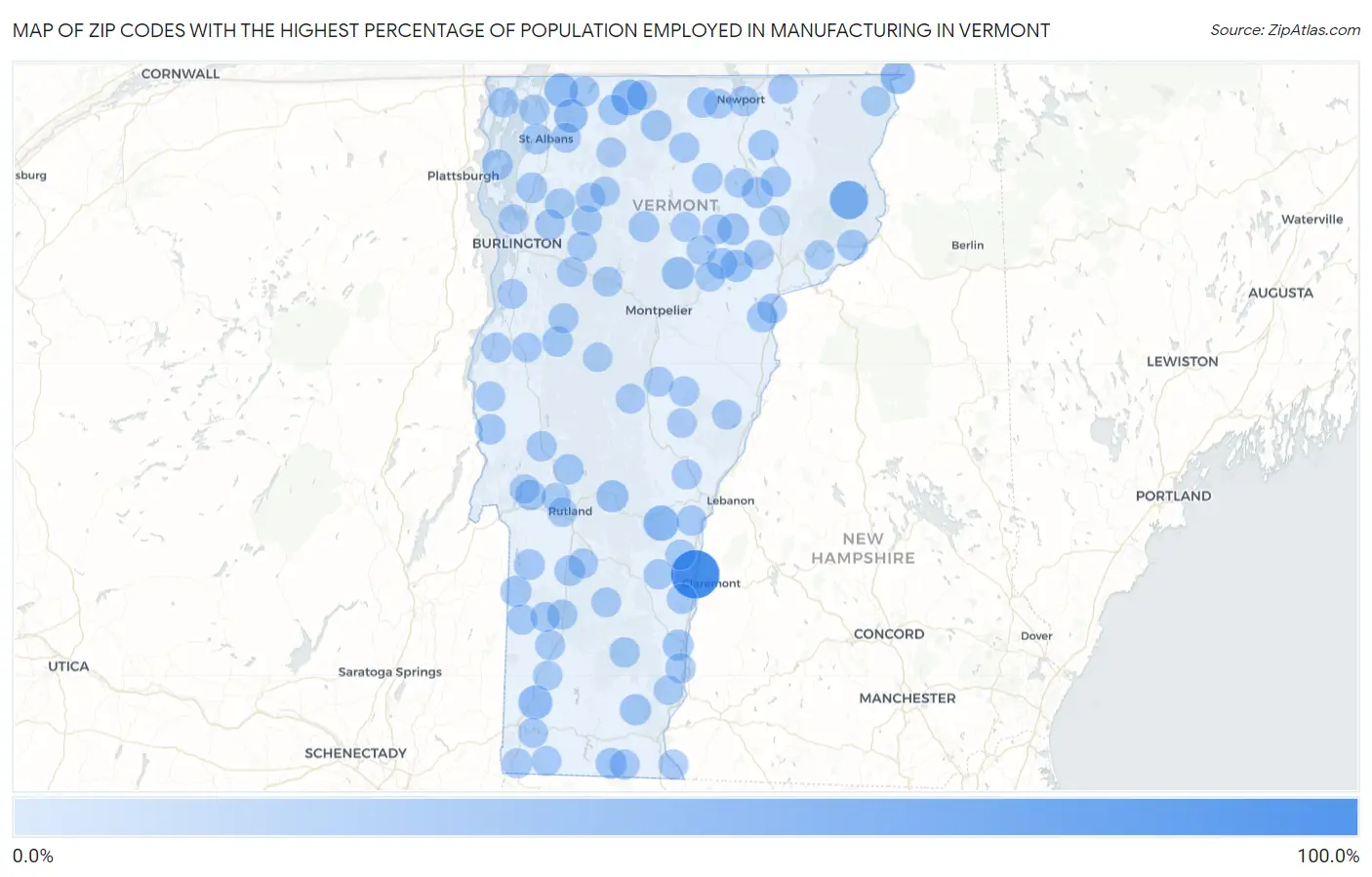 Zip Codes with the Highest Percentage of Population Employed in Manufacturing in Vermont Map