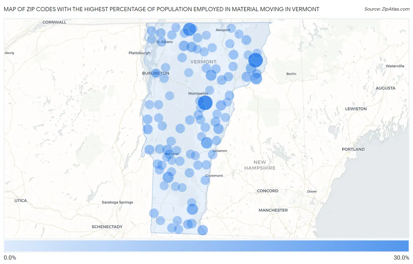 Zip Codes with the Highest Percentage of Population Employed in Material Moving in Vermont Map