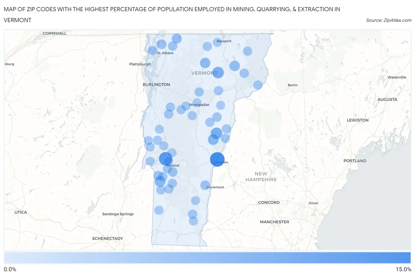 Zip Codes with the Highest Percentage of Population Employed in Mining, Quarrying, & Extraction in Vermont Map