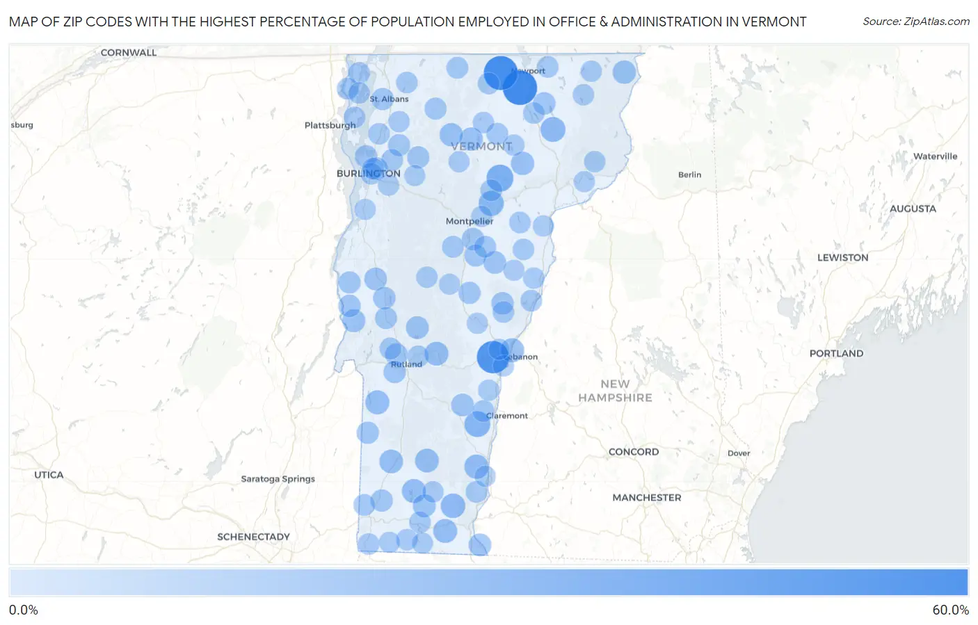 Zip Codes with the Highest Percentage of Population Employed in Office & Administration in Vermont Map