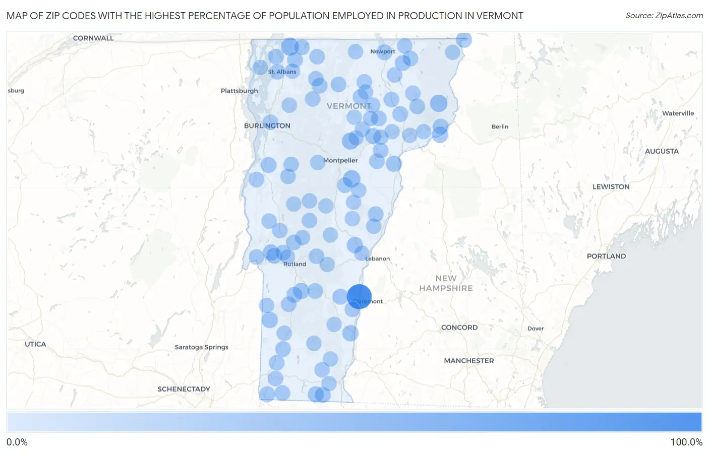 Zip Codes with the Highest Percentage of Population Employed in Production in Vermont Map