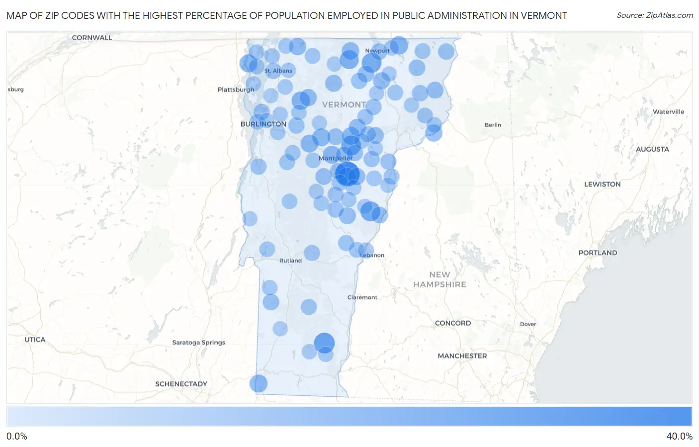 Zip Codes with the Highest Percentage of Population Employed in Public Administration in Vermont Map