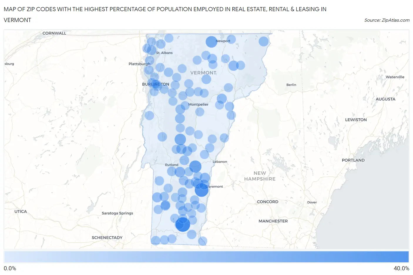 Zip Codes with the Highest Percentage of Population Employed in Real Estate, Rental & Leasing in Vermont Map