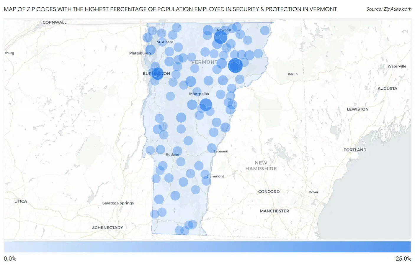 Zip Codes with the Highest Percentage of Population Employed in Security & Protection in Vermont Map