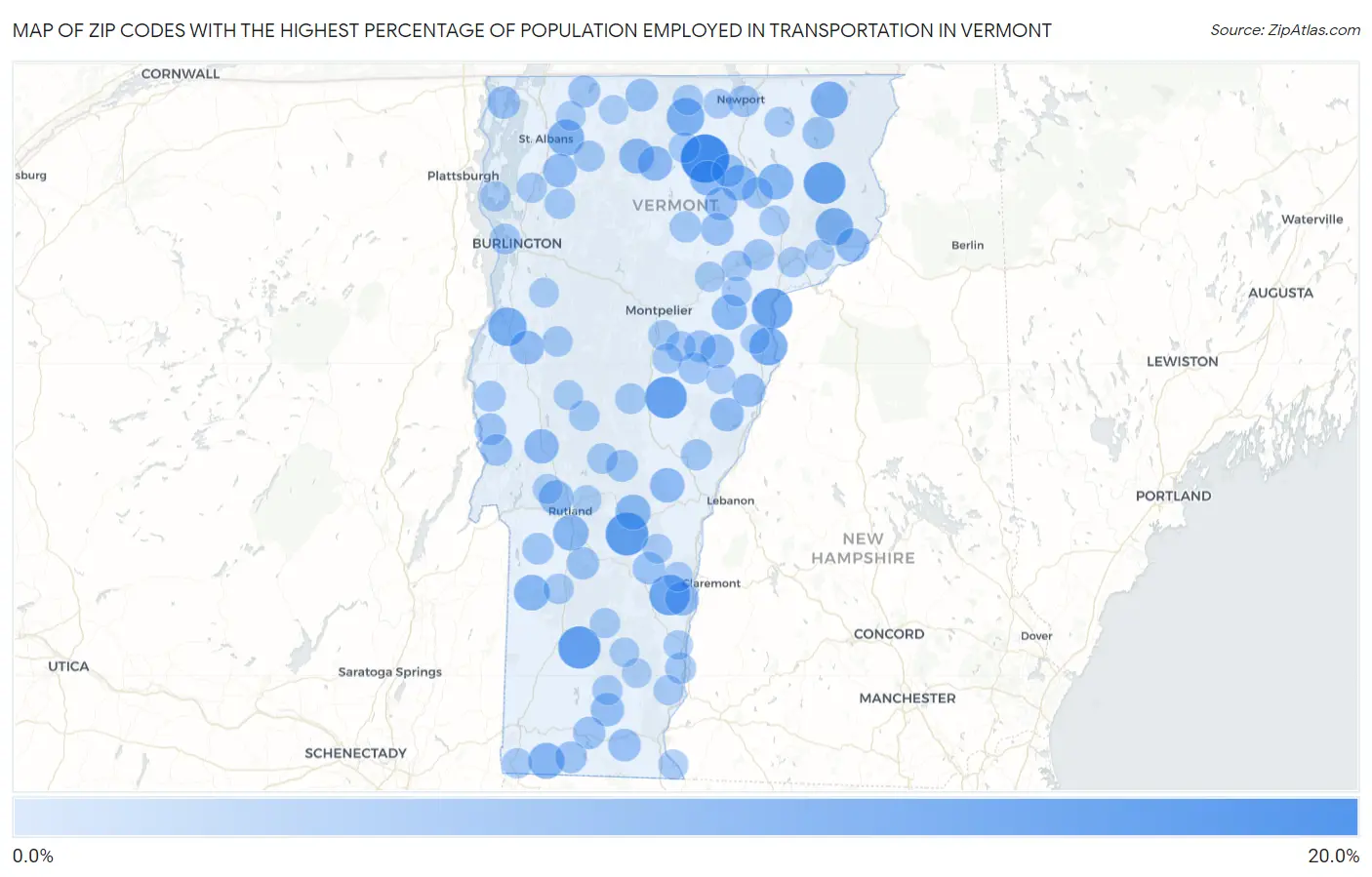 Zip Codes with the Highest Percentage of Population Employed in Transportation in Vermont Map