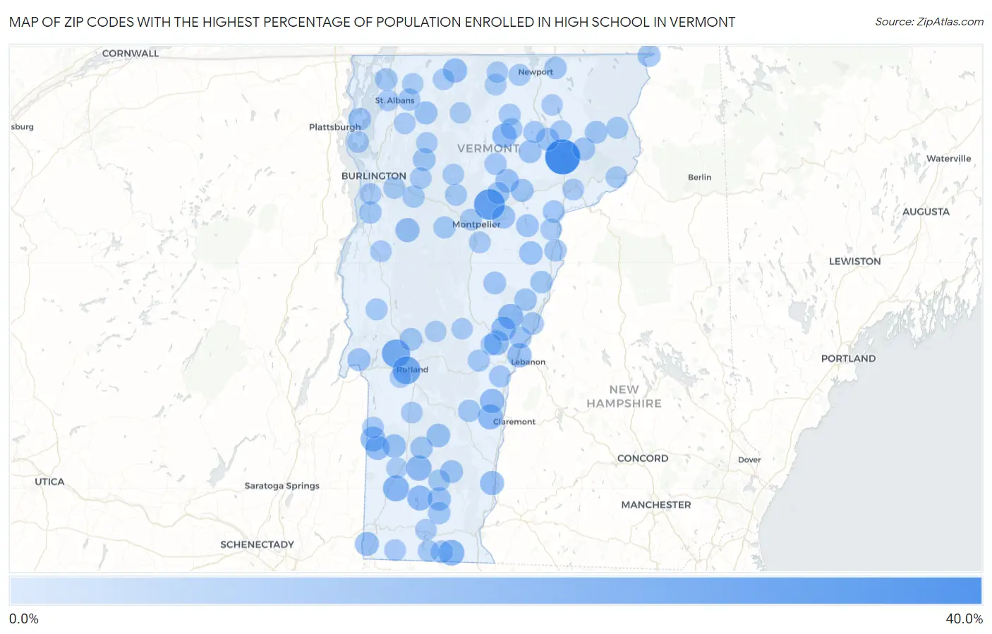 Zip Codes with the Highest Percentage of Population Enrolled in High School in Vermont Map