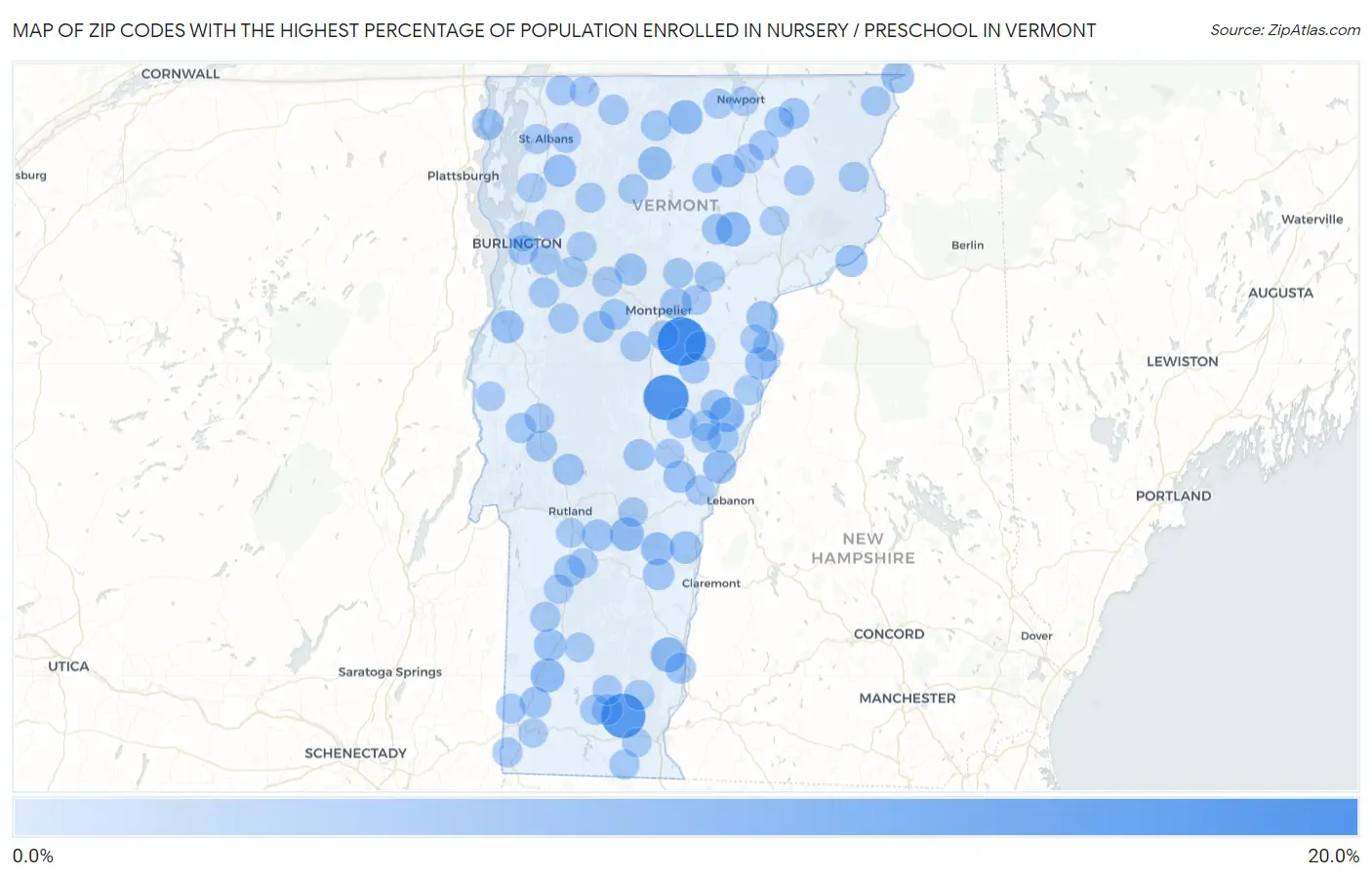 Zip Codes with the Highest Percentage of Population Enrolled in Nursery / Preschool in Vermont Map