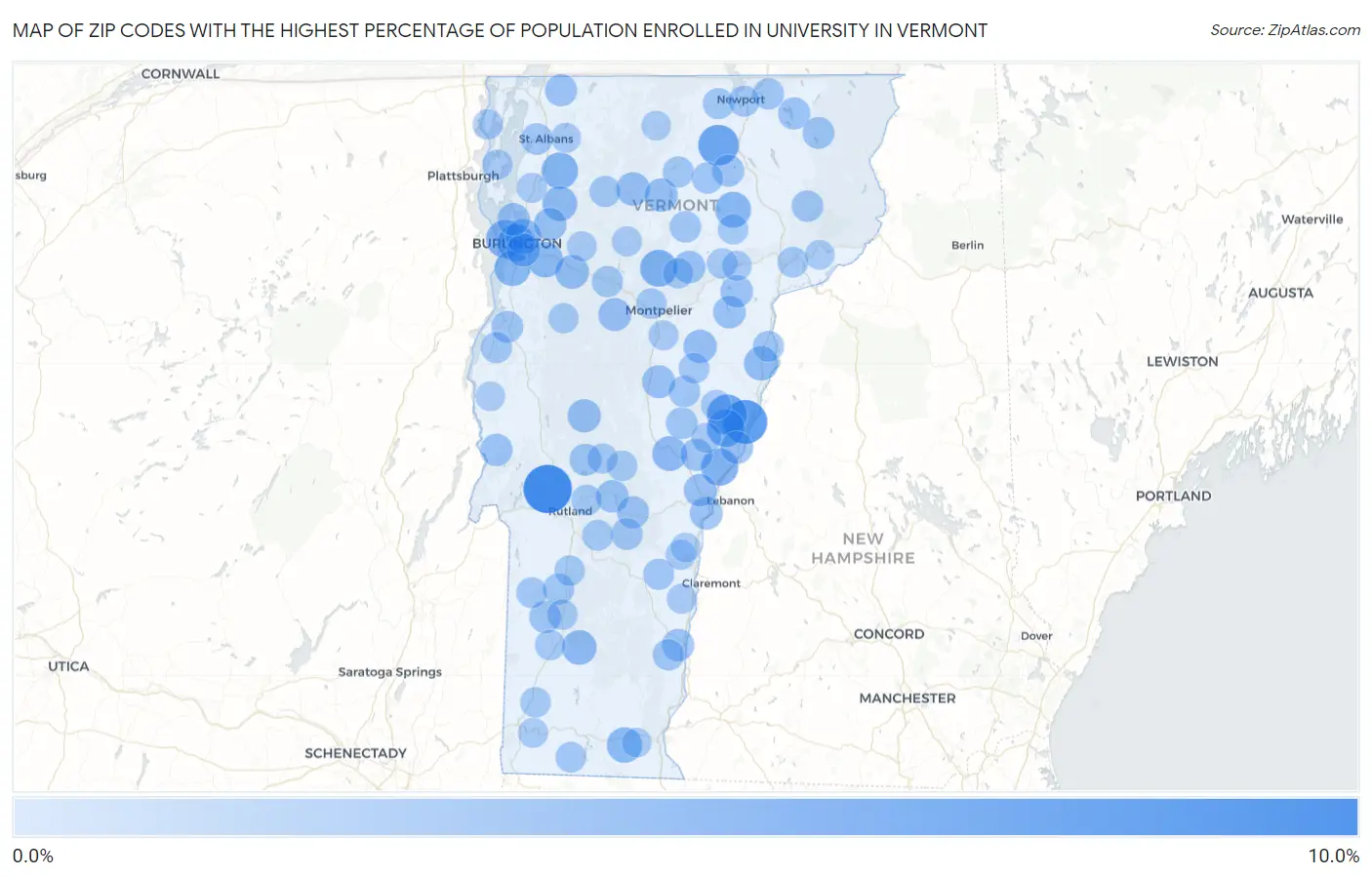 Zip Codes with the Highest Percentage of Population Enrolled in University in Vermont Map