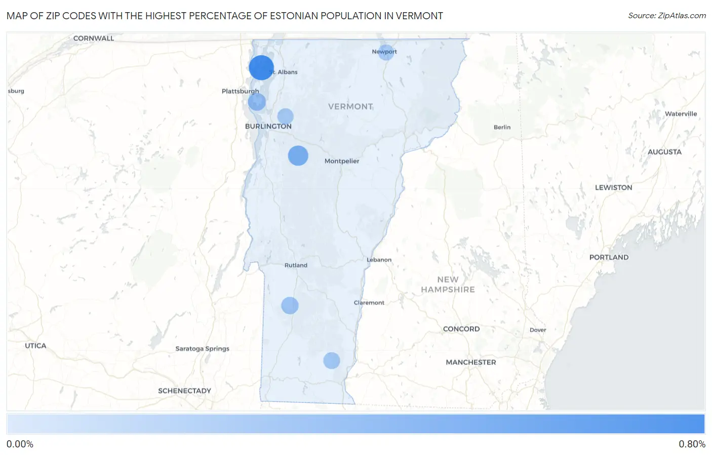 Zip Codes with the Highest Percentage of Estonian Population in Vermont Map
