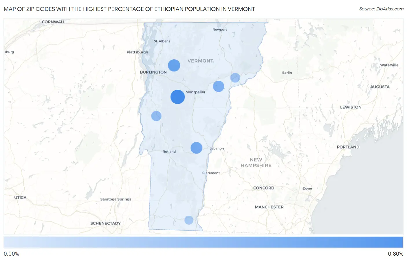 Zip Codes with the Highest Percentage of Ethiopian Population in Vermont Map