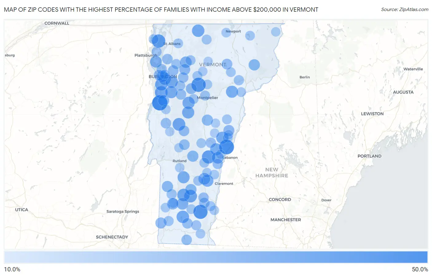 Zip Codes with the Highest Percentage of Families with Income Above $200,000 in Vermont Map