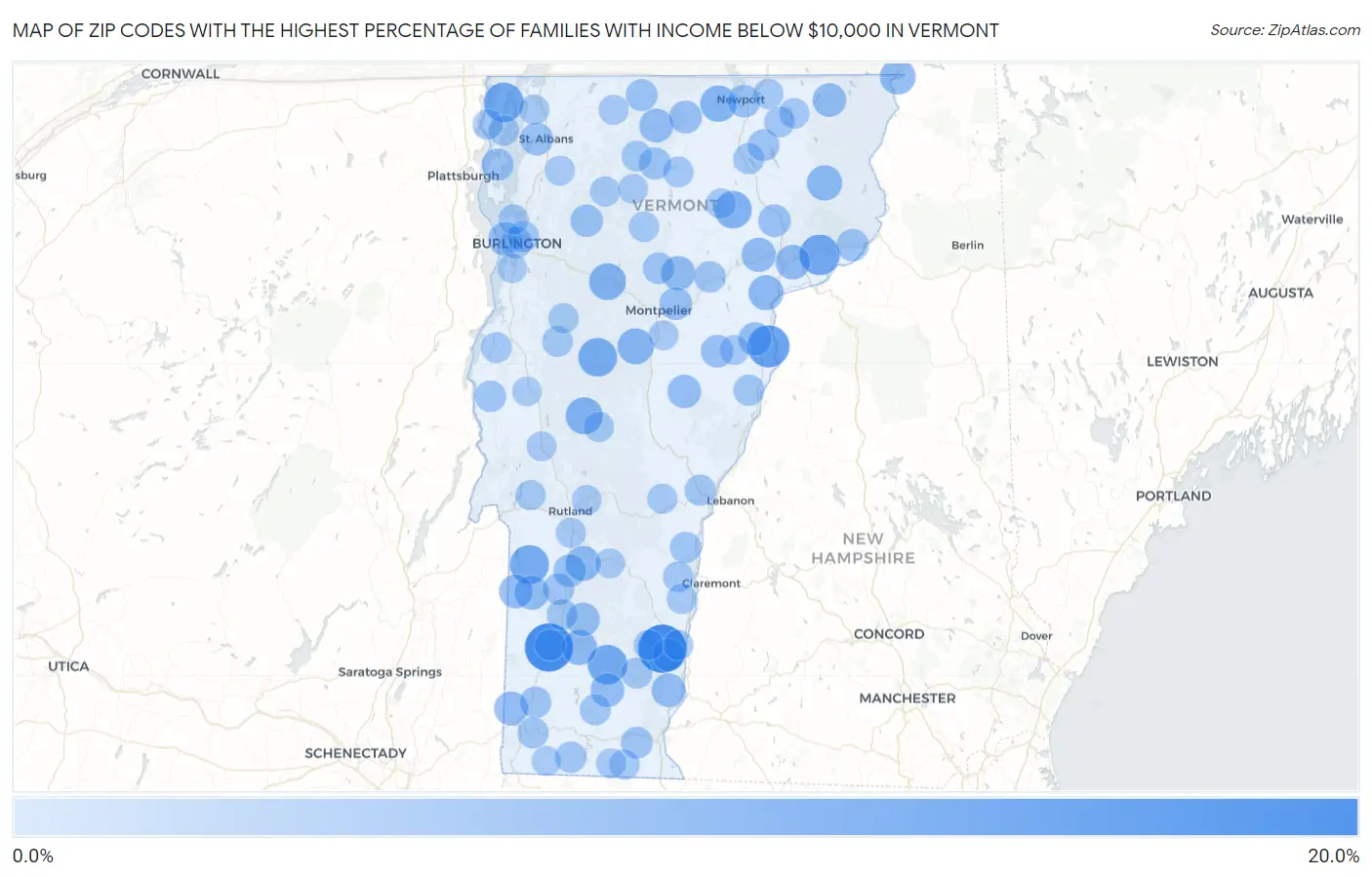 Zip Codes with the Highest Percentage of Families with Income Below $10,000 in Vermont Map