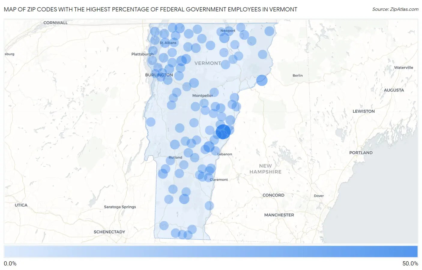 Zip Codes with the Highest Percentage of Federal Government Employees in Vermont Map
