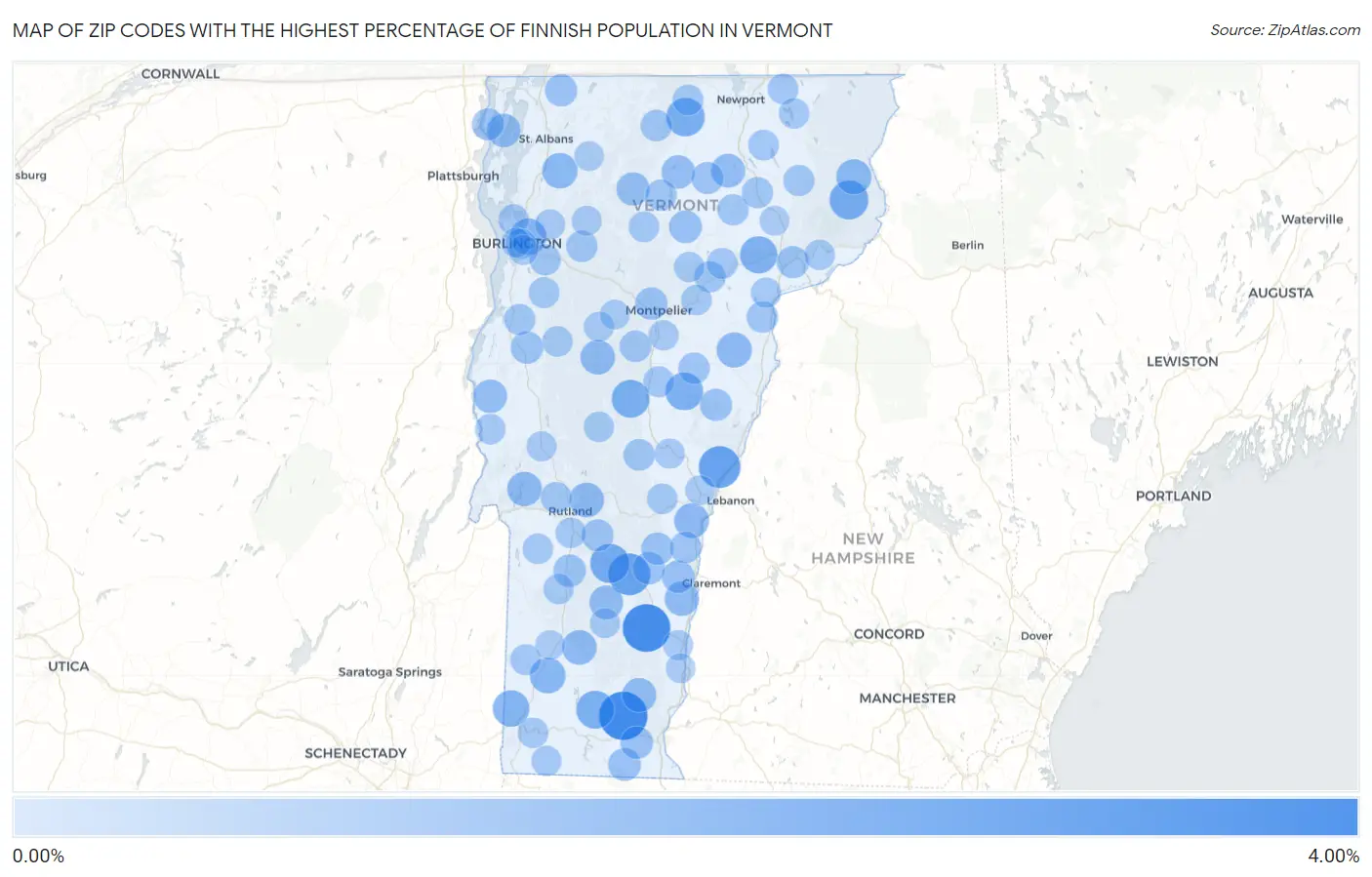 Zip Codes with the Highest Percentage of Finnish Population in Vermont Map