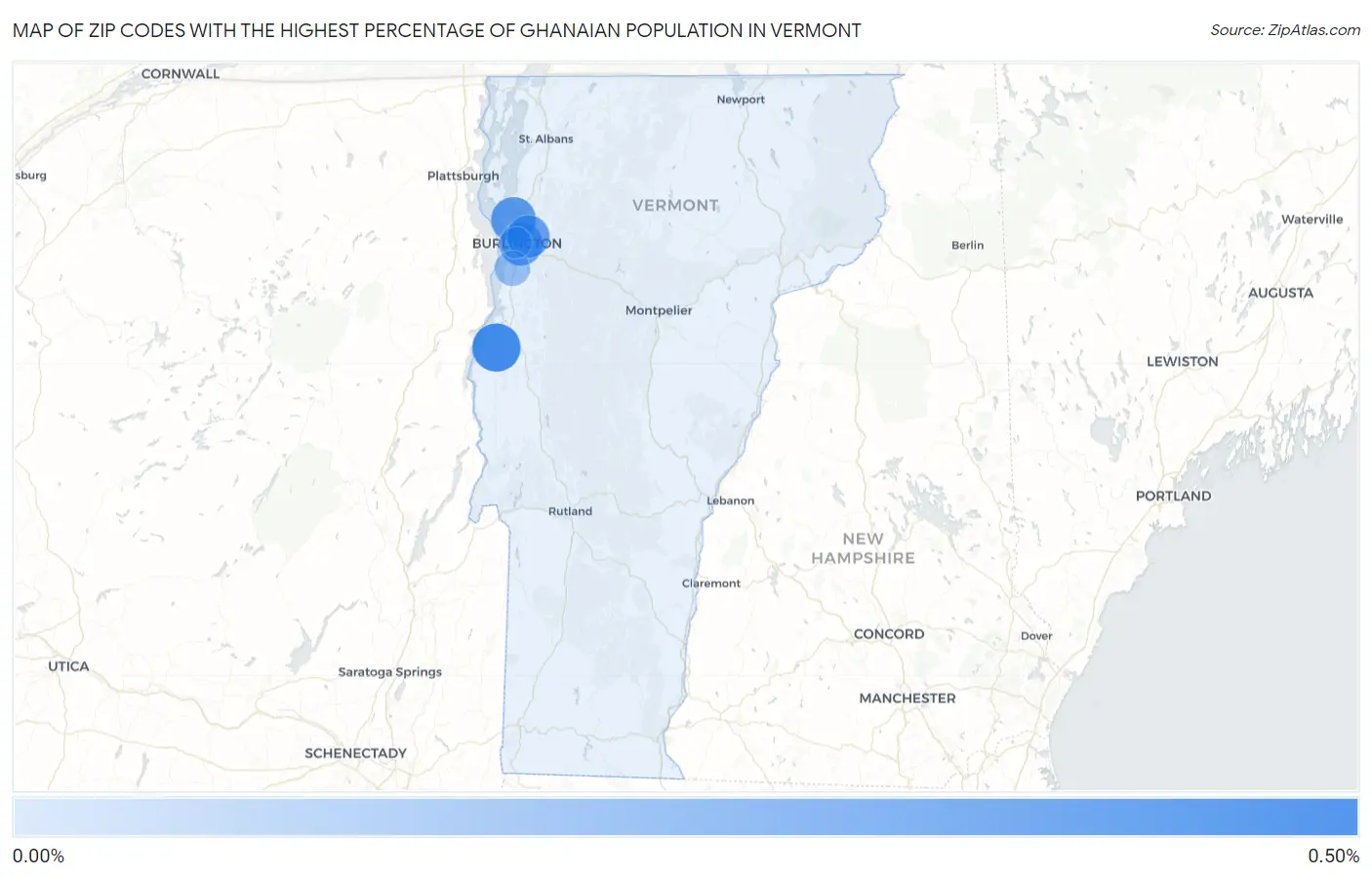 Zip Codes with the Highest Percentage of Ghanaian Population in Vermont Map