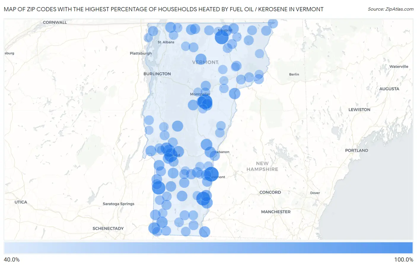 Zip Codes with the Highest Percentage of Households Heated by Fuel Oil / Kerosene in Vermont Map