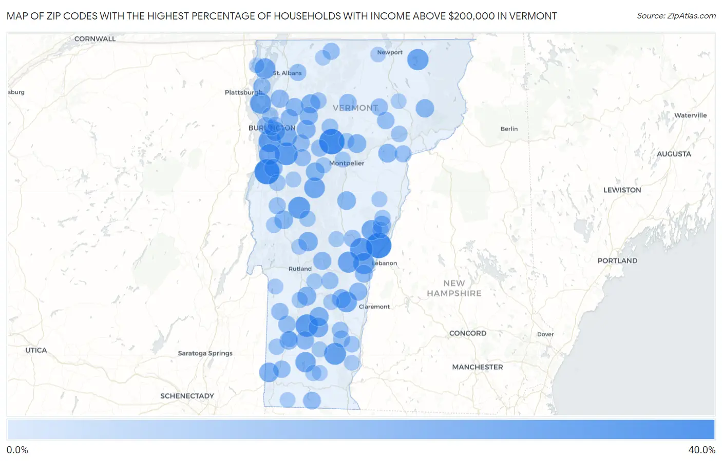 Zip Codes with the Highest Percentage of Households with Income Above $200,000 in Vermont Map